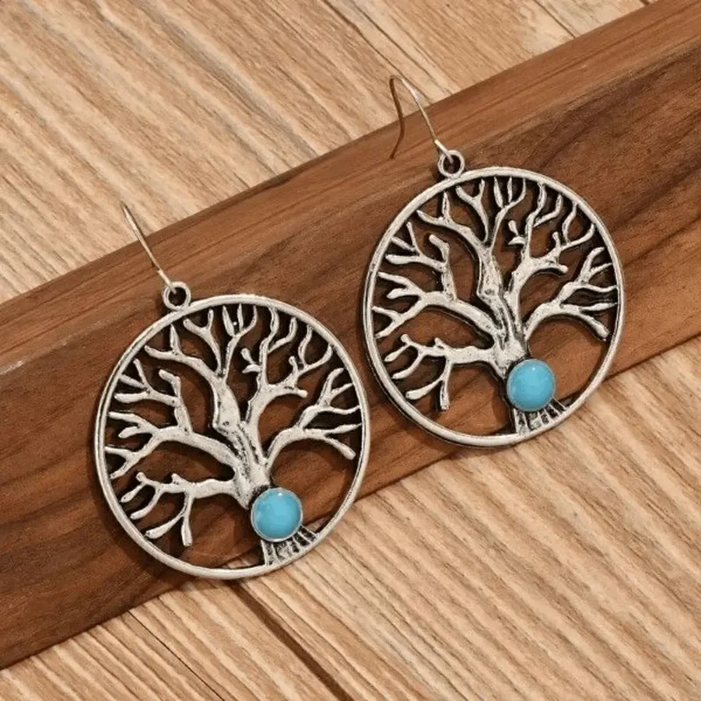 Boho Silver Tree Of Life Inlaid Turquoise Dangle Earrings
